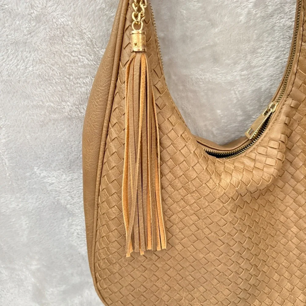 Woven Hobo Bag Tan Faux Leather Shoulder Bag Tassel Accent Boho - Picture 5 of 10